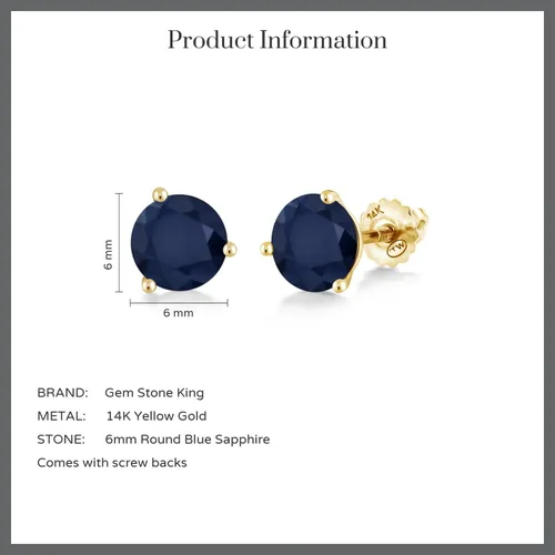 Miniatura 6 de Gem Stone King Aretes de tuerca de oro amarillo de 14 quilates con zafiro azul para mujer de 3 puntas con rosca trasera para mujer