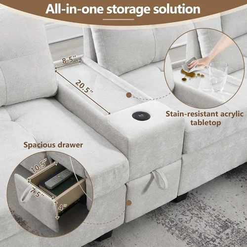 Miniatura 5 de Sofá modular de 103 pulgadas con 2 consolas acrílicas, juego de sofá en forma de U de gran tamaño con cargador USB, cajones de almacenamiento, Beige
