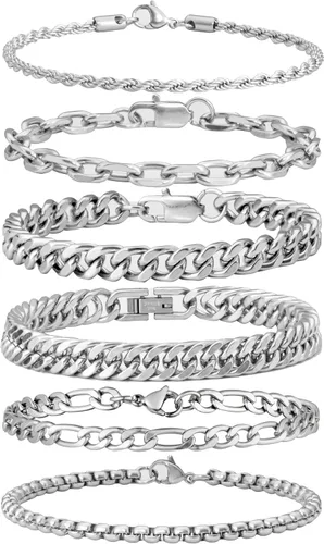 Miniatura 13 de XIANNVXI Juego de 6 pulseras de acero inoxidable para hombre y mujer, color plateado/dorado/negro, pulseras de eslabones cubanos, estilo soga