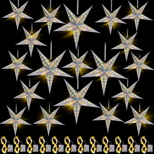 Miniatura 7 de Hortsun Juego de 20 faroles de papel de Navidad con forma de estrella, 2 tamaños, 17.7 y 11.8 pulgadas, adornos colgantes de Navidad, pantalla 3D