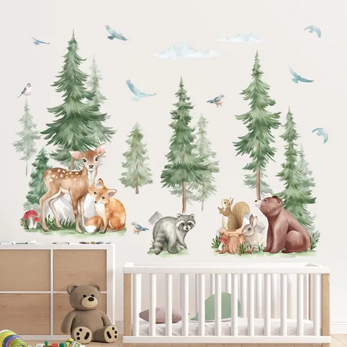 Miniatura 2 de Wondever Adhesivos de pared de árbol de montaña, árbol grande de pino, pegatinas de pared de arte con animales del bosque, oso, zorro, quitar