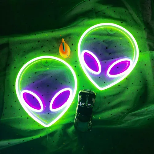 Miniatura 5 de Letrero de neón con cabeza de alienígena, 1 unidad, luz de neón de alienígena verde y morado, USB o 3 pilas AA, divertido letrero de neón iluminado