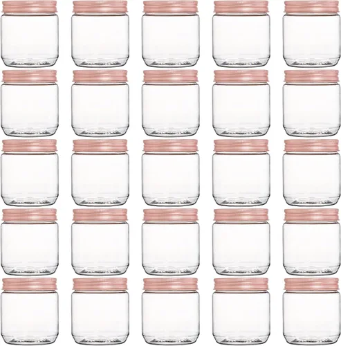 Fasmov Paquete de 25 recipientes de plástico transparente de 8 onzas con tapas de oro rosa, recipientes redondos vacíos de plástico para