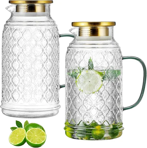 Miniatura 8 de Buaic Jarra de Vidrio con Tapa y Asa, PAQUETE DE 2 de 68 oz/2 Litros Jarra de Agua para Refrigerador con Diseño Vintage de Mariposa Pintado a Mano