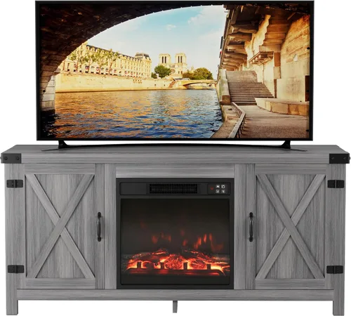 JUMMICO Soporte de TV con chimenea, centro de entretenimiento de granja con chimenea y estantes, armarios de almacenamiento con puertas de granero