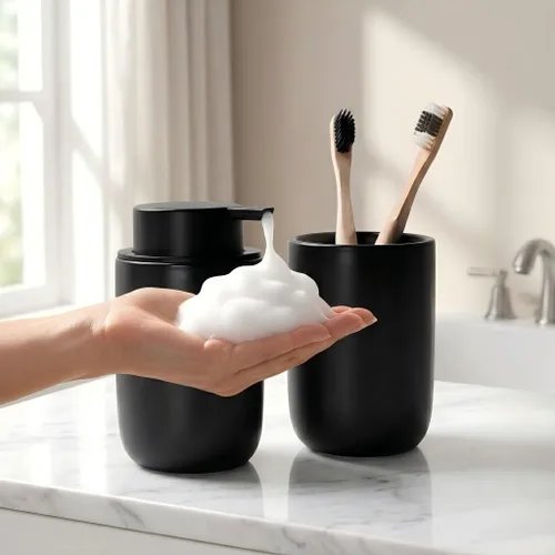 Miniatura 9 de BosilunLife Juego de dispensador de jabón y soporte para cepillo de dientes - Bomba dispensadora de jabón de espuma de 11Oz, dispensador de jabón