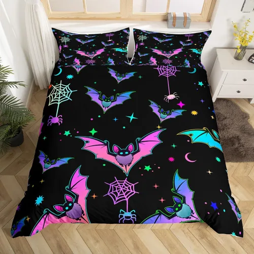 Miniatura 31 de Juego de ropa de cama de Halloween, funda de edredón gótica de murciélagos negros con telarañas, funda de edredón individual, diseño de arañas