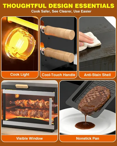 Miniatura 6 de WantJoin Horno asador eléctrico - Horno asador 3 en 1 de 37 cuartos de galón, pinchos dobles, rejilla para asar, calefacción de rotación automática