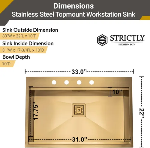 Miniatura 6 de Strictly Sinks - Fregadero de cocina con estación de trabajo de 33 pulgadas, fregadero dorado de acero inoxidable calibre 16 con colador, tabla
