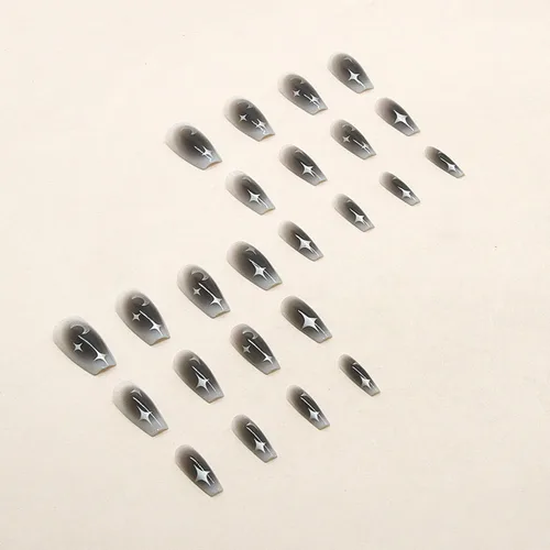 Miniatura 2 de 24 uñas postizas medianas a presión, uñas postizas brillantes con diseños de estrellas y luna, uñas acrílicas negras de cobertura completa pegamento