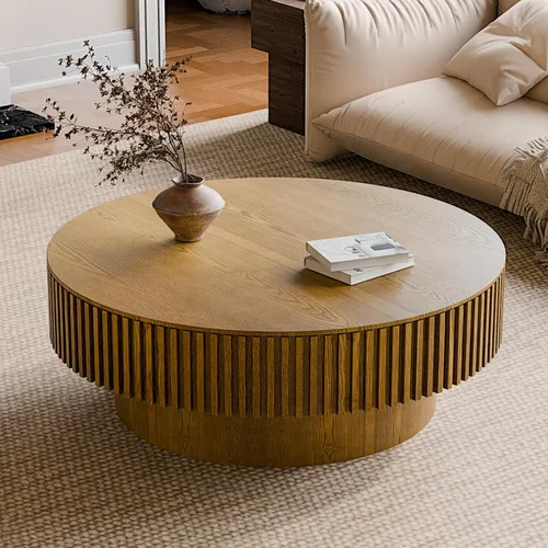 Miniatura 16 de Mesa de centro redonda con almacenamiento, moderna mesa de centro de madera con chapeado de madera maciza, mesa central circular mesa de té de 31.5