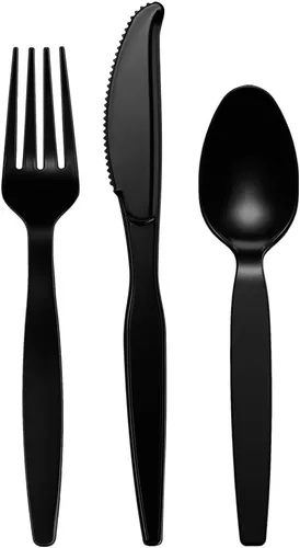 Miniatura 2 de Comfy Package [Paquete combinado de 360 unidades] cubiertos básicos de plástico negro, utensilios desechables pesados, 180 tenedores, 120 cucharas