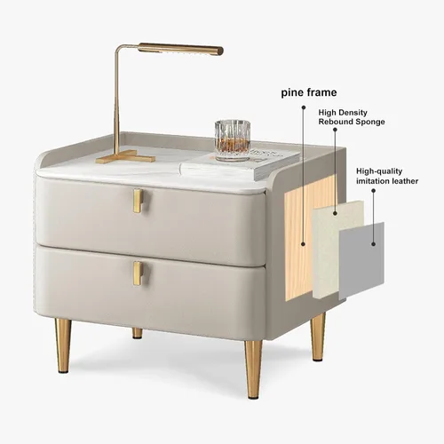 Miniatura 6 de WOLWES Mesita de noche, mesa auxiliar con almacenamiento, mesita de noche de madera maciza con 2 cajones, parte superior de mármol sintético