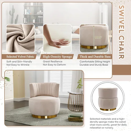 Miniatura 3 de Silla giratoria de terciopelo, moderna silla decorativa tapizada, silla redonda giratoria de 360° con base de metal dorado, cómoda silla de brazo