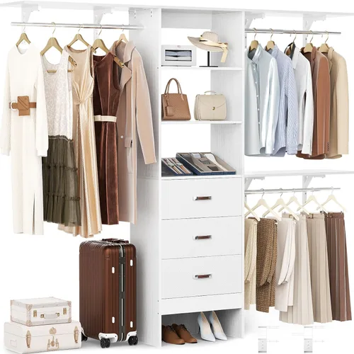 Sistema de Organización de Closet Besiost con Cajón - Sistema Organizador de Closet de Madera de 8 Pies con 3 Barras para Colgar y Torre de Blanco