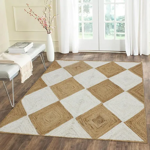 Miniatura 6 de Collection - Alfombra de pasillo de 2.6 x 4 pies, alfombra trenzada de yute blanca y beige, alfombra geométrica kilim para interiores y exteriores