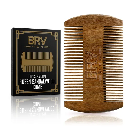 BRV MEN Peine para barba y bigote, sándalo verde 100% natural, peine de barba de bolsillo con funda de transporte, peine de barba de madera para