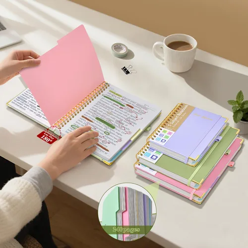 Miniatura 5 de Cuadernos en espiral de tapa dura para el trabajo, cuaderno de 5 materias a rayas universitarias con pestañas divisorias, cuaderno organizador