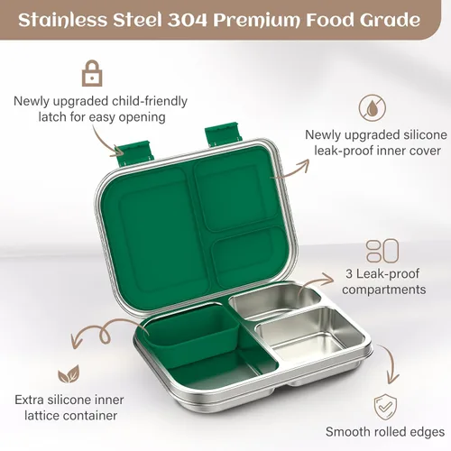 Miniatura 3 de BABHAMNESS Lonchera Bento de acero inoxidable para niños, 3 compartimentos a prueba de fugas, lonchera Bento de metal, contenedores de almuerzo Verde