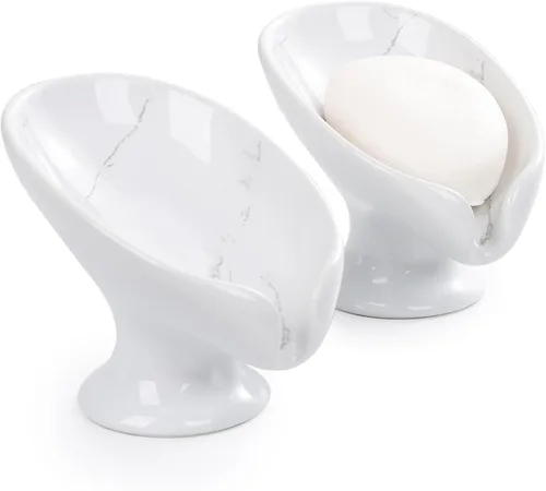 Miniatura 16 de Jabonera, Soporte de Jabón de Cerámica Autodrenante en Forma de Hoja para Jabón en Barra, Jabonera con Drenaje de Aspecto de Mármol Negro para Baño