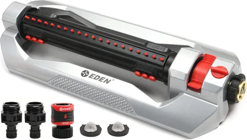 Eden 96216 Rociador turbo oscilante resistente, cubre hasta 4,900 pies cuadrados, 20 boquillas de precisión, base de aluminio, control de flujo y