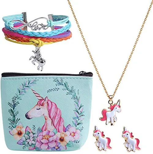 Hicdaw - Juego de 5 joyas para niños collar de unicornio para niñas aretes lindos para niñas pulsera para adolescentes joyería bolsa de