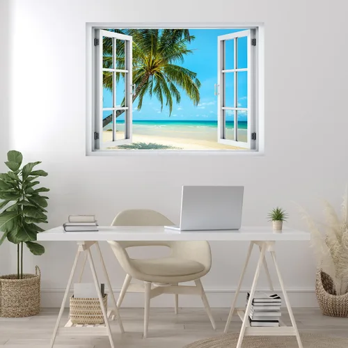 Miniatura 3 de wall26 Adhesivo removible de pared/mural de pared, vista de ventana, playa tropical, palmera, isla, paraíso, naturaleza, desierto, fotografía