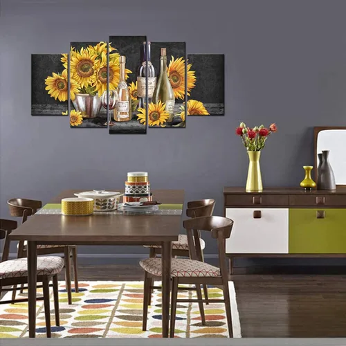 Miniatura 5 de Biuteawal Arte de pared grande de 5 paneles para cocina, pintura de girasol negro, blanco y amarillo, imágenes de vino, decoración de pared