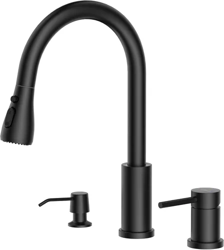 Miniatura 8 de APPASO - Grifo de cocina de 2 agujeros, grifo de cocina negro mate con rociador extraíble de 3 modos, grifo de cocina de arco alto con manija
