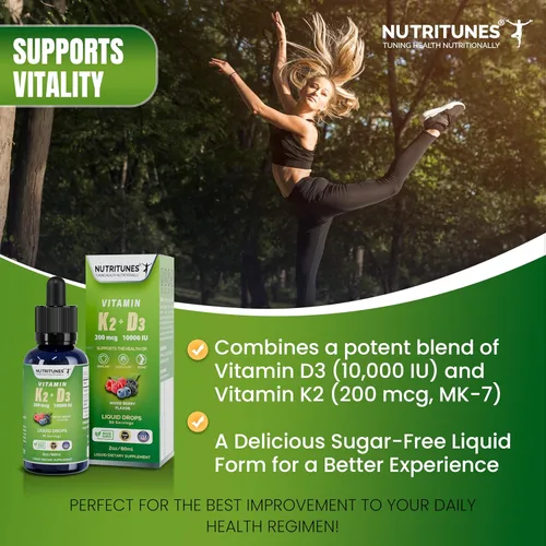 Miniatura 2 de Gotas líquidas K2 D3 – Vitamina D3 10,000 UI y vitamina K2 200 mcg – Suplemento de alta potencia para la salud ósea, inmune y cardíaca – Sabor mixto
