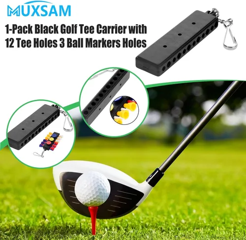 Miniatura 4 de MUXSAM Soporte para camiseta de golf negro para bolsa, paquete de 1 bolsa de golf con 12 agujeros en T, 3 agujeros para marcadores de bola, llavero