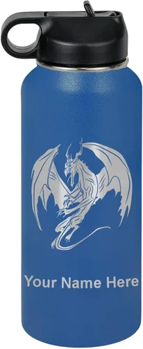 Miniatura 50 de LaserGram Botella de agua con tapa abatible de doble pared de 12 onzas con pajilla, dragón, grabado personalizado incluido (negro)