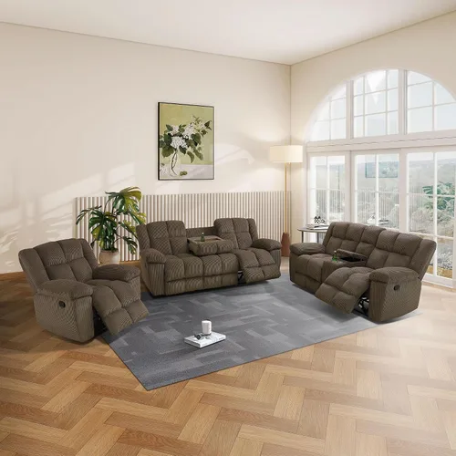 Miniatura 24 de Juego de sofá reclinable para muebles de sala de estar, juego de sofá y silla reclinable de pana verde, tela manual, sofá reclinable de 3 plazas