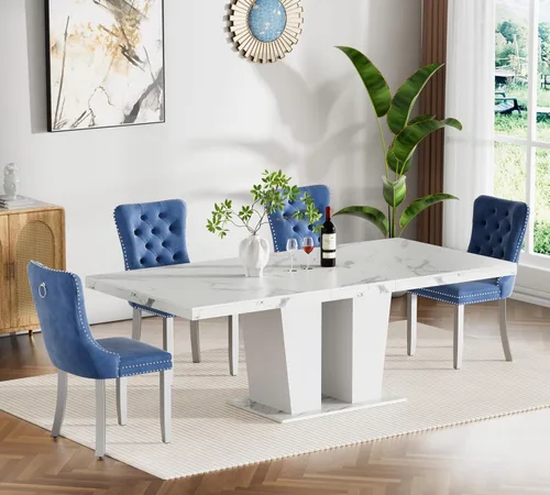 Miniatura 22 de Henf Juego de mesa de comedor extensible de 7 piezas para 6, 160 cm-200 cm Mesa de cocina extensible de grano de mármol blanco con 6 sillas Blanco