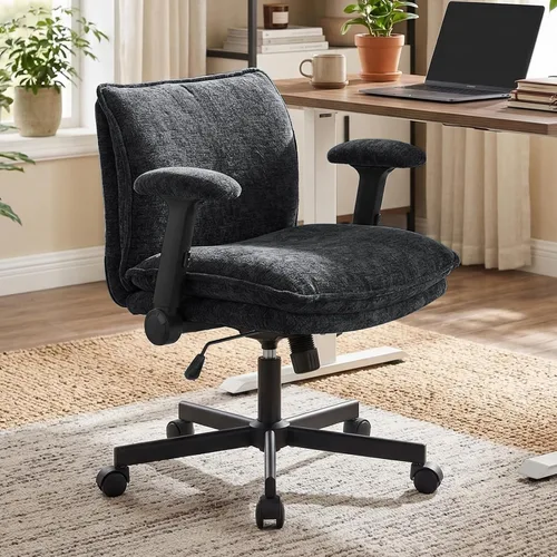Miniatura 2 de FanciSpot Silla de oficina con patas cruzadas con ruedas y brazos abatibles ajustables, silla de escritorio cruzada con cojín grueso, silla de Negro