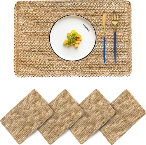 Miniatura 15 de Juego de 6 manteles individuales redondos tejidos con 6 posavasos, manteles individuales de jacinto de agua natural, manteles individuales de ratán