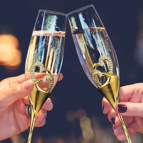 Miniatura 3 de Juego de copas de champán para boda, copas de flauta de tostado dorado, paquete de 2 con diamantes de imitación, decoración de corazones para bodas
