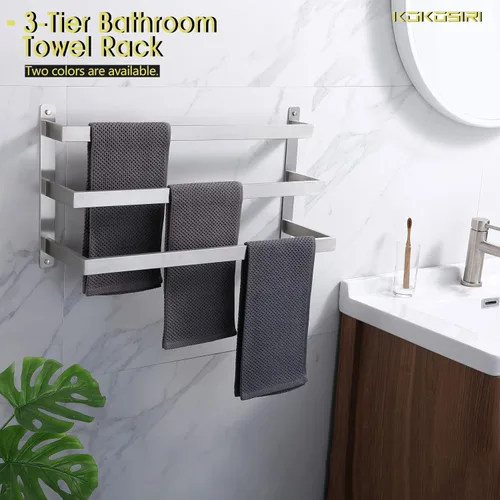 Miniatura 3 de KOKOSIRI Toalleros de baño de 3 niveles, escalera, toalleros, soportes para toallas de pared, estantes de acero inoxidable cepillado, B5006BR-L24