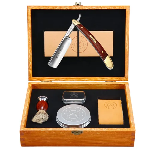 Kit de afeitar, afeitado de calidad en el hogar; cuchilla de acero japonés de borde estilo samurái y correa de cuero, manga, jabón, conjunto de