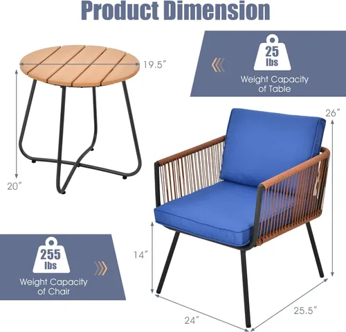 Miniatura 4 de Tangkula Juego de 3 sillas de patio bistró, juego de sillas de conversación al aire libre con mesa auxiliar, juego de muebles modernos con cojines