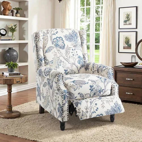Miniatura 12 de Silla reclinable tapizada, sillón de ala floral con respaldo y reposapiés ajustables, cómoda silla decorativa para leer, sofá individual