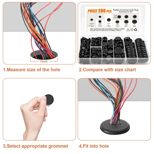 Miniatura 6 de PSHZZ Kit de 280 Ojales de Goma, Surtido de Juntas de Ojales de Goma para Cableado, Alambre, Automotriz, Cortafuegos, Chapa Metálica, Reparación
