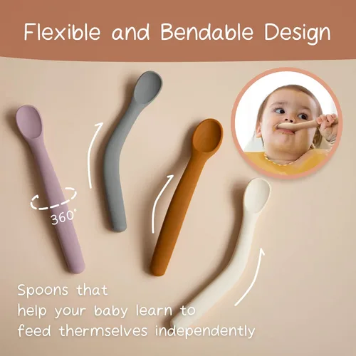 Miniatura 3 de Moonkie Juego de 4 cucharas de silicona para bebé, cucharas para niños pequeños para autoalimentación de 6 meses, cucharas de alimentación de dos
