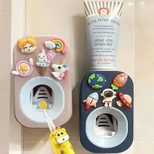 Dispensador automático de pasta de dientes para niños montado en la pared para baño, exprimidor de pasta de dientes para niños y ducha familiar (2