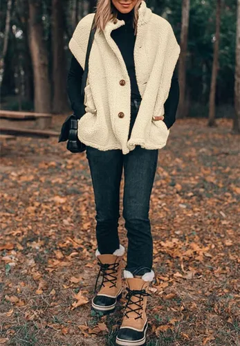 Miniatura 39 de Hongqizo - Chaleco de forro polar mullido para mujer, casual, de gran tamaño, cálido, con botones, chaqueta de sherpa con bolsillos