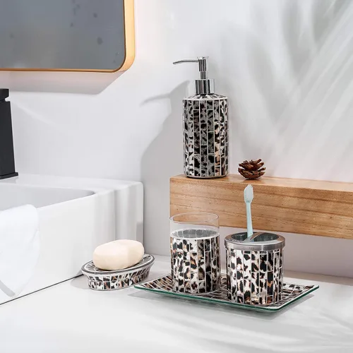 Miniatura 4 de KMWARES Juego de accesorios decorativos de baño de vidrio de mosaico de 5 piezas, incluye dispensador de jabón Hande y vaso, bandeja para jabón