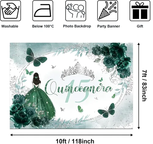 Miniatura 2 de Avezano Telón de fondo de quinceañera para cumpleaños de 15 años, pancarta de membrillo verde y plateado con corona floral de quinceañera