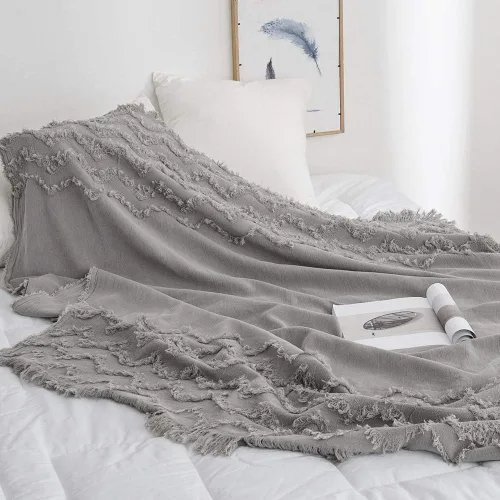 Miniatura 8 de Simple&Opulence Manta 100% algodón para cama, sofá, manta tejida en zigzag tejida bohemia con borlas, suave, ligera, transpirable, acogedora, Gris