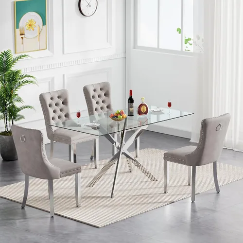 Miniatura 24 de Juego de mesa de comedor de cristal para cocina de 4, 5 piezas, mesa de comedor rectangular de 51 pulgadas con 4 sillas de cocina de terciopelo