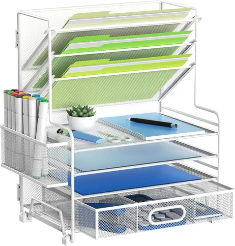 Miniatura 8 de MINDEPOT Organizador de papel de 4 niveles + soporte para archivos de 3 bolsillos + cajón + soportes para bolígrafos, organizador de archivos